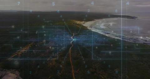 Upon aerial perspective revealing path to sandy bay glowing node pulsing as Stock Footage 312898200