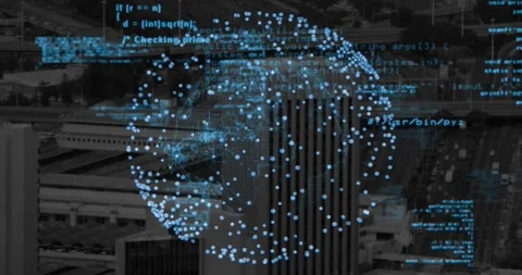 Upon aerial view sphere forming over city rotating glowing nodes streaming code Stock Footage 317184612