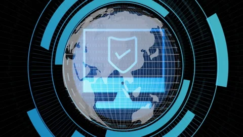 Upon animation rotating 3D grid globe with pulsing monitor-shield icon Stock Footage 309677859