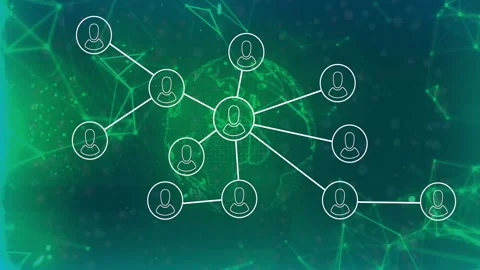 Upon animation start circle spawning nodes morphing handsets into user icons Stock Footage 311084634