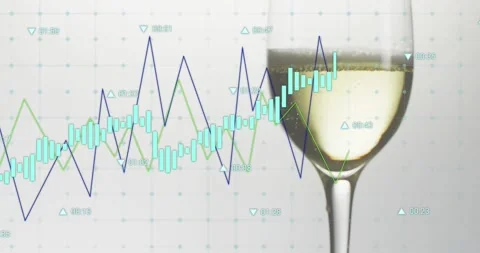 Upon animation, turquoise bars rising around wine glass, bubbles drifting 動画素材 317835323
