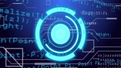 Upon appearing glowing circular HUD rotating arc speeding with code scrolling Stock Footage 311141790