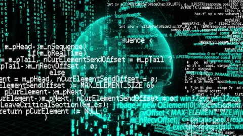 Upon appearing, teal globe rotating on grid while streaming C++ code rising, Stock Footage 313241150
