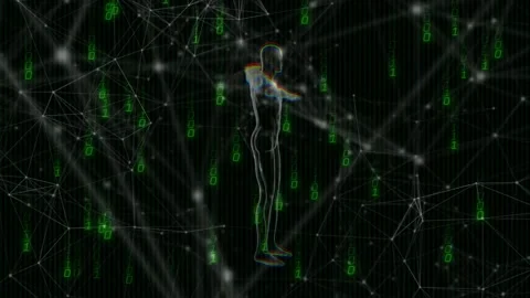 Upon avatar appearing, wireframe humanoid rotating as binary streams rising, Stock Footage 329505910