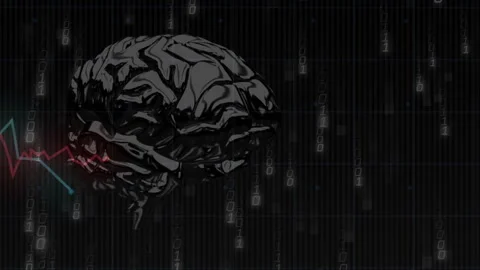 Upon binary code streaming, glossy 3D brain emerging and rotating as graph Video stock 310972595