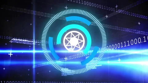 Upon binary digits streaming, interface rotating color-shifting arcs displaying Stock Footage 313639385