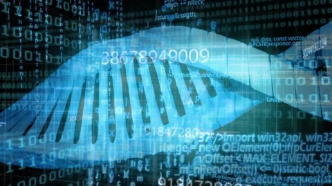 Upon binary streams cascading dark grid, DNA helix sliding, numeric code Stock Footage 318115294