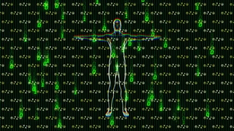 Upon binary streams starting wireframe humanoid rotating on vertical axis Stock Footage 310430082