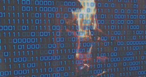 Upon binary wall appearing adult female descending through code grid showcasing Stock Footage 318776266