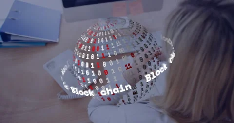Upon blockchain globe materializing overhead, desk worker pivoting and lifting Stock Footage 315787640