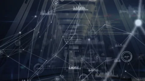 Upon camera sliding forward, 3D network overlay visualizing data flow, linking Stock Footage 310141537