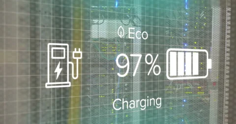 Upon charging icon activating, overlay visualizing battery % rising and falling Stock Footage 309807739