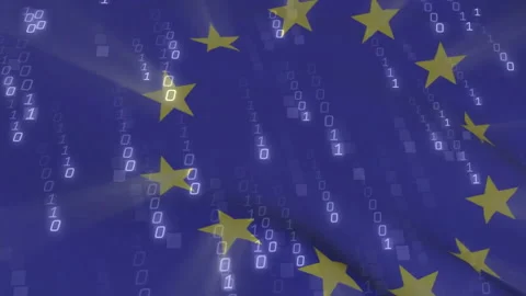 Upon close-up animated EU flag undulating while white binary digits falling to Stock Footage 313308222