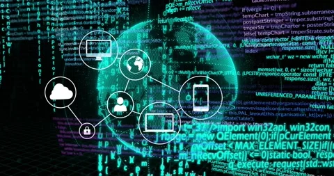 Upon cloud icon appearing, teal globe rotating, icons emerging and linking, Stock Footage 329575415