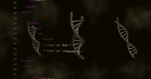 Upon code appearing, three DNA helices floating and rotating while code updating Stock Footage 314527966