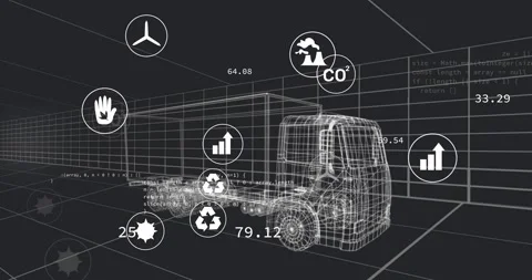 Upon code lines appearing icons floating, metrics shifting on wireframe 3D truck Stock Footage 317184053