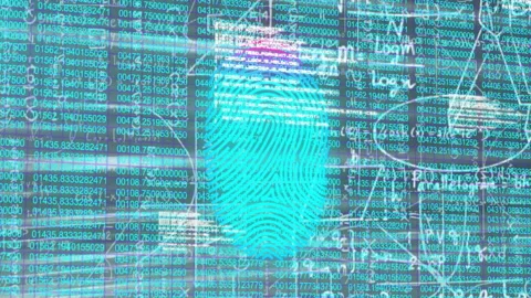 Upon code matrix appearing, digital fingerprint shifting colors scanning lines Stock Footage 310406344