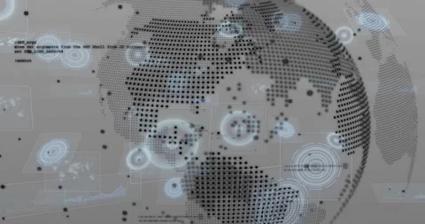 Upon code overlay appearing, dotted globe rotating, pulsing UI rings visualizing Stock Footage 317119395