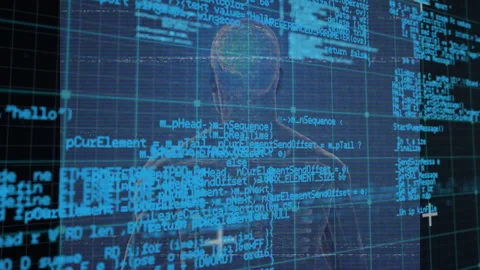 Upon code overlay, holographic wireframe skeleton figure glitching shifting to Stock Footage 311885161