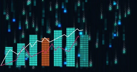 Upon code rain, teal and orange bars growing with white-magenta lines showing Stock Footage 312656713