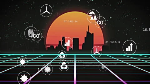 Upon code scrolling in, metric icons gliding across grid under skyline Stock Footage 312638976