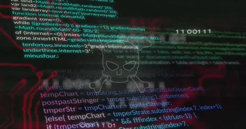 Upon code scrolling, skull icon pulsing and red circuits weaving, representing Stock Footage 328587254