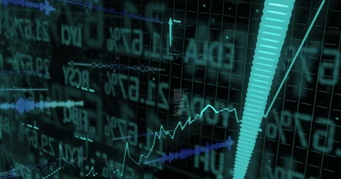 Upon code snippets drifting across 3D render, cyan chart ascending showing Stock Footage 314687720