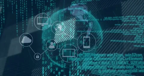 Upon code stream starting, globe and icons emerging, linking, moving and pulsing Stock Footage 327708345