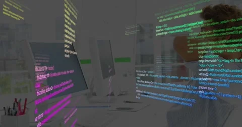 Upon code streams materializing on monitors, developer debugging code through Stock Footage 317599876