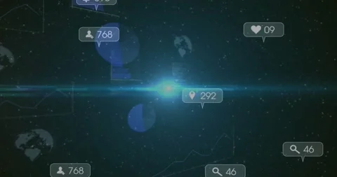 Upon core appearing, icons fading, counts rising, charts filling, globe rotating Stock Footage 317119366