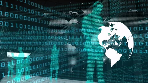 Upon corridor grid showing translucent silhouettes and rotating globe Stock Footage 312407564
