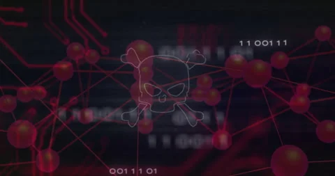 Upon dark frame opening red spheres forming network with binary digits scrolling 스톡 동영상 310637560