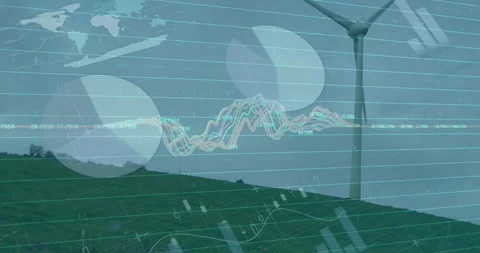 Upon data arrival, dashboard animating, turbines spinning, converting data into Stock Footage 330228009