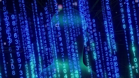 Upon data input, wireframe head rotating while blue numerals cascading, mapping Stock Footage 334337578