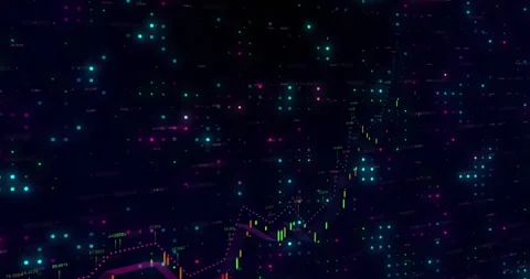 Upon data stream starting, neon line chart rising with candlesticks showing Stock Footage 310283384