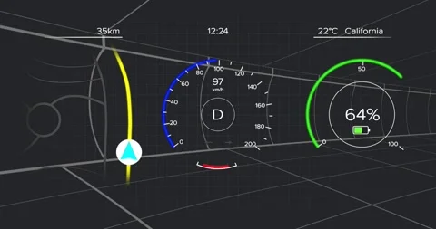 Upon drive start digital dashboard animating speedometer arc rising then falling Video stock 317206361