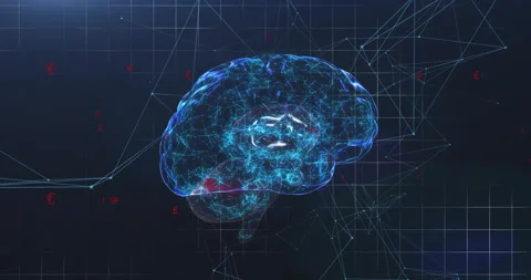 Upon emerging glowing 3D brain rotating via side and front view pulsing networks Stock Footage 309808044