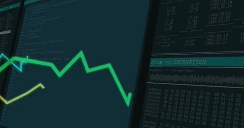 Upon encryption banner appearing, screen showing moving chart, scrolling code Stock Footage 318237097
