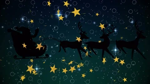 Upon entering frame sleigh gliding and reindeer bounding through golden stars Stock Footage 319342333