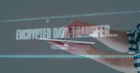 Upon extending hand holding tablet man pinching tapping controlling encrypted Stock Footage 312656892
