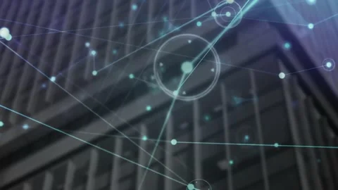 Upon facade opening, glowing nodes linking lines animating rotating circles Stock Footage 328005630