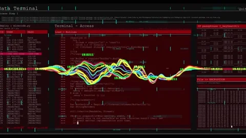 Upon fading red Data Terminal, waveform pulsing, panels updating, scrolling to Stockbeeldmateriaal 317594351