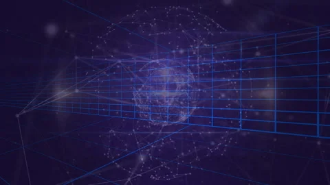 Upon faint wire grid appearing glowing particles forming globe, lines shifting Stock Footage 311915890