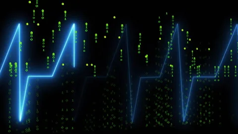 Upon flat pause, neon-blue waveform rising, falling as green binary streaming Stock Footage 314183086