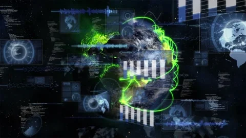 Upon globe appearing, 3D Earth globe rotating while HUD panels building and Stock Footage 329869898