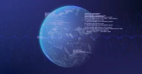 Upon globe appearing, code blocks fading in, linking via curved line, fading out Stock Footage 317465723
