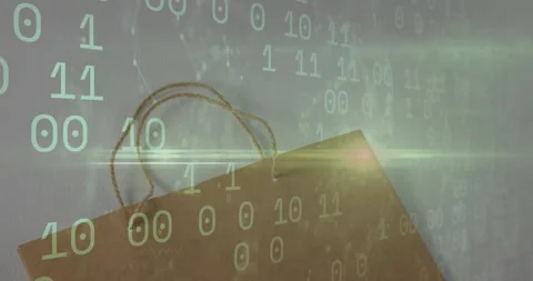 Upon glowing binary digits cascading, code overlay drifting across bag showing 스톡 동영상 313552504