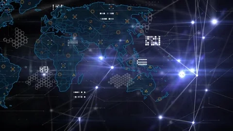 Upon glowing node activation, neon-blue interface world map sending beams to Video stock 319682448