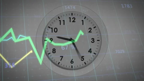Upon green graph entering, clock rotating with lines oscillating over grid Stock Footage 309681327