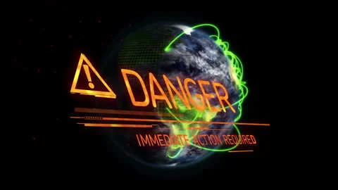 Upon green grid overlay appearing, spinning Earth emitting arcs and danger alert 動画素材 310993619